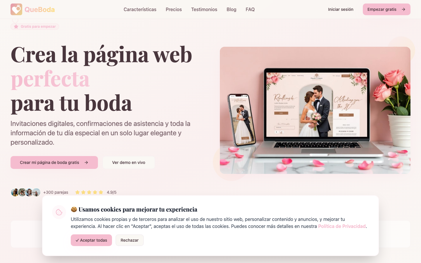 Landing page de Québo.da para eventos y bodas